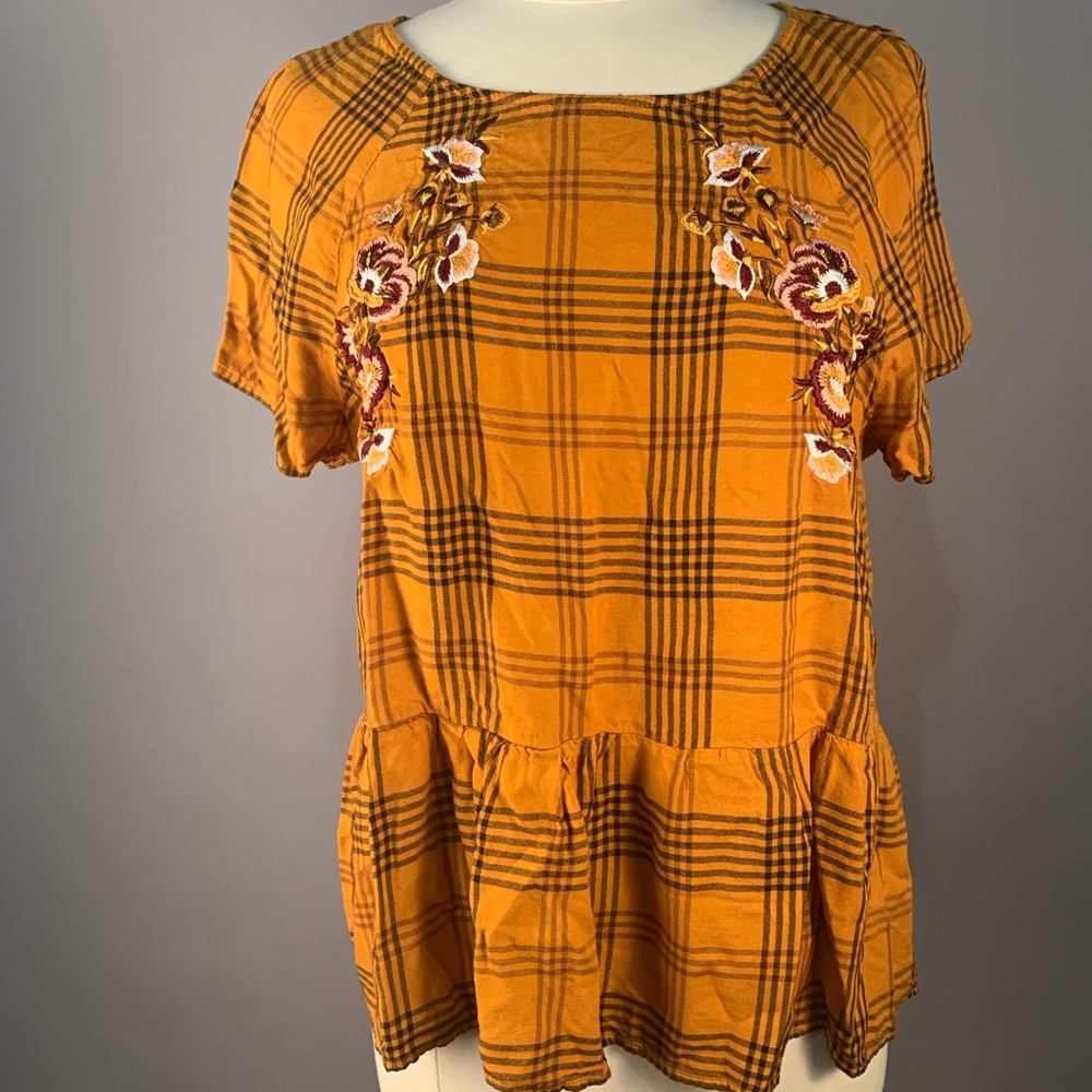 Gold and black tartan floral pattern babydoll top